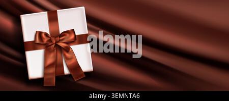 Brown silk flowing background with white gift box, satin ribbon with bow, realistic vector illustration. Elegant velvet bg, top view. Premium present banner for birthday celebration or special event Stock Vector