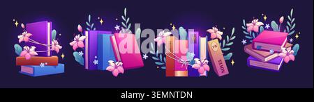 Book stack with flowers cartoon vector illustration isolated on purple background. Magic glowing books, tied with string or cord and with bouquet, summer or spring night or evening reading elements Stock Vector