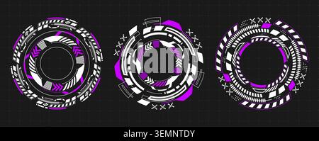 Futuristic round hud interface with circular tech elements and glowing target frames, isolated vector illustration. Abstract icons for cyber game design and sci-fi digital displays Stock Vector