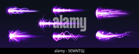 Cartoon fire blast effect with energy trails and glowing beams, isolated vector illustrations on black. Game gun effect UI design elements, comic style laser weapon with dynamic action, vibrant color Stock Vector