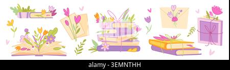 Book stack with flowers cartoon vector illustration isolated on white background. Opened and closed books, tied with string or cord and with bouquet between pages, summer or spring reading elements Stock Vector