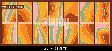 A set of fourteen posters drawn in warm groovy colors. Stock Vector