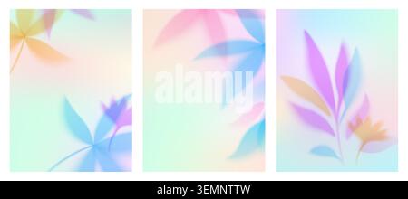 Spring gradient blurred background vector illustration. Defocused leaves and flowers in pastel colors, abstract summer or autemn nature pattern with floral design and color gradation, poster set Stock Vector