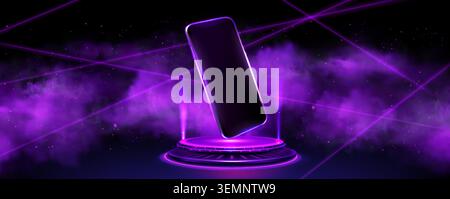 Smartphone mockup on 3D round podium with purple laser effect, realistic vector illustration. Glowing tech pedestal, smoke clouds and digital light effects for mobile phone app presentation. Stock Vector