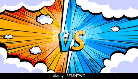Dynamic comic book versus background with vibrant blue orange design and clouds. Abstract vector illustration, retro halftone explosion banner for battle scenes, super hero vs poster, cartto frame Stock Vector