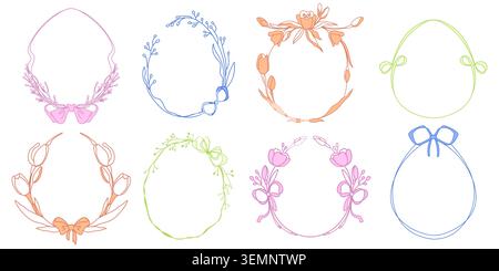 Whimsical Easter egg frames with delicate flower pattern and ribbon bow. Vector illustrations set of hand drawn spring borders with vintage ornamental design, bright color girly coquette prints Stock Vector