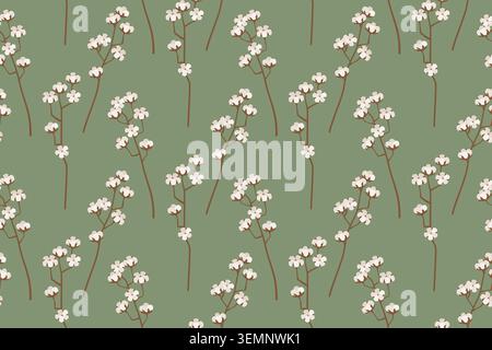 Seamless pattern with delicate cotton flower branches on a muted green background. Vector illustration. Stock Vector