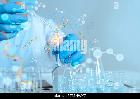 Gloved researcher transfers liquid in a lab surrounded by DNA and molecule graphics, conveying genetic analysis, biotech testing, medical research and Stock Photo