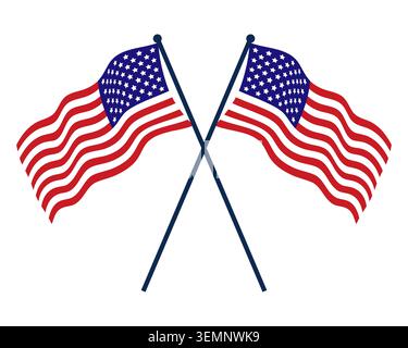 Two crossed American flags waving on poles isolated on white background. Vector illustration. Stock Vector