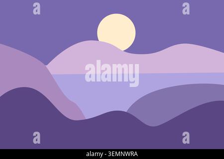 Minimal abstract landscape mountain sea, night minimal flat style Stock Vector