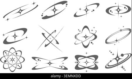 Y2K star icon with orbits and sparkle elements. Retro space symbol with celestial abstract shapes for cosmic logos, tattoo and modern graphic designs Stock Vector