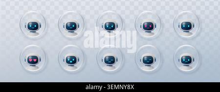 Set of Robot emoji 3d for glass button chatbot and ai ui effect. Character morphism avatar for box bot robot and circle icon chat. Robot cute Stock Vector