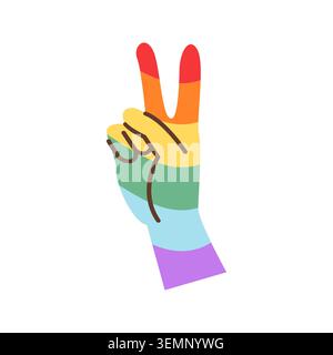 Rainbow pride peace sign hand gesture isolated on white. Retro aesthetic v-sign illustration with rainbow flag colors for LGBTQ pride month, queer Stock Vector