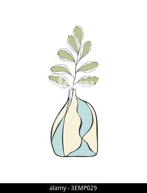 Minimalist line art illustration of a green leafy branch in an abstract organic ceramic vase for modern home decor posters, aesthetic interior design Stock Vector