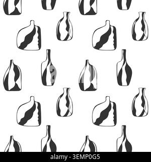 pattern with minimalist organic ceramic vases and abstract hand-drawn bottles for modern kitchen textile design, contemporary wallpaper and aesthetic Stock Vector