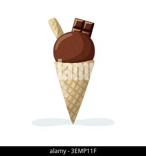 Isolated chocolate ice cream cone with a single scoop. Summer dessert vector illustration Stock Vector