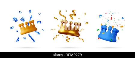 Set of 3D crown icons with colorful confetti Stock Vector