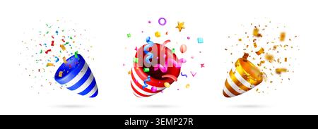3D party popper icons with colorful confetti Stock Vector