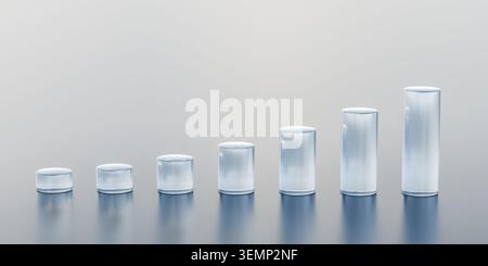 Clean corporate presentation background featuring financial bar chart, made of transparent glass cylinders rising in height to show successful busines Stock Photo