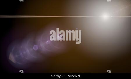 purple hexagonal bokeh sun light optical lens flare horizontal line overlay. bright glowing beam ray element isolated on black background. artistic vi Stock Photo