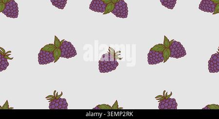 Seamless Pattern with Blackberries Berries on Light Gray Background. Botanical Horizontal Fruit Print. Summer Ripe Forest Harvest. Vector Illustration Stock Vector