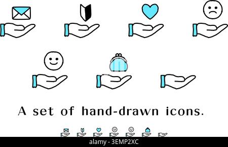 A collection of hand-drawn two-tone icons in black and blue. Features everyday symbols such as hearts, envelopes, messages, facial expressions, beginn Stock Vector