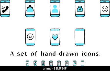 A collection of hand-drawn smartphone-themed icons in a simple two-tone style. Features calls, messages, mail, hearts, facial expressions, wallets, an Stock Vector