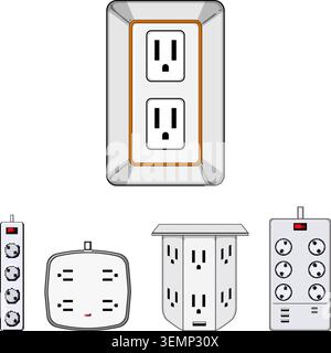 Various power strips and wall outlets offering multiple connections Stock Vector
