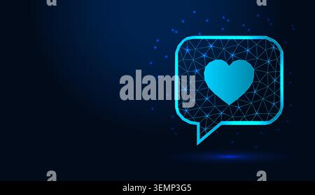 Low poly wireframe speech bubble with heart icon on dark blue background. Stock Vector