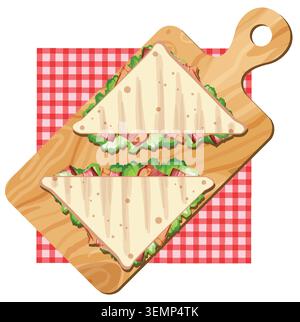 Two grilled sandwiches with lettuce and tomato on board, red checkered cloth background, vector style Stock Vector