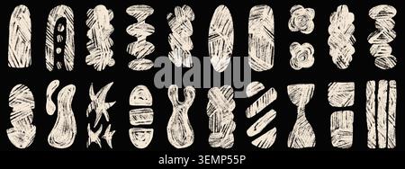 Soft chalk label shapes and elements with crayon texture on black. Hand drawn forms and figure doodles in geometric abstract. White vector chalk set o Stock Vector