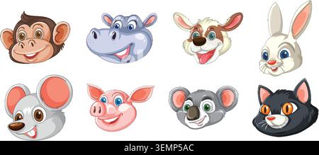 Vector illustration of eight cartoon animal faces, colorful, cheerful expressions, clean white background Stock Vector
