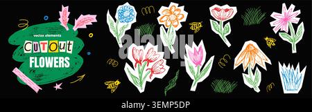 Hand drawn flower cutout set with daisy poppy and tulip for playful scrapbook. Naive bee and grass doodles in sketchy ink for kids scrapbook. Cheerful Stock Vector