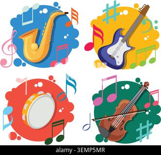 Bright vector illustration of saxophone, electric guitar, tambourine, and cello surrounded by colorful music notes and abstract backgrounds Stock Vector