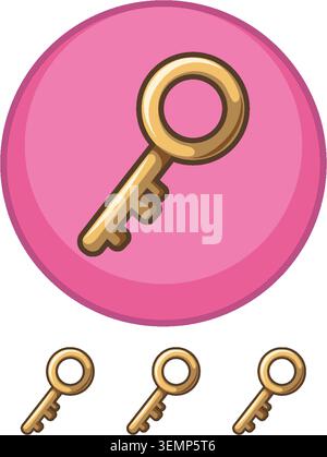 Cartoon golden key icon centered on pink circle, flat vector style, clean outlines, minimal shading Stock Vector