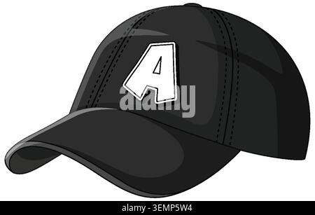 Black baseball cap featuring a bold letter A design with clean lines and minimalistic style. Stock Vector