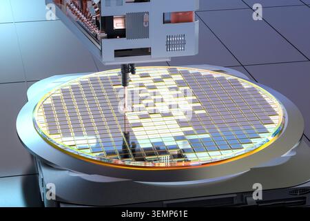 3d rendering close up robotic arms with silicon wafers for semiconductor manufacturing Stock Photo