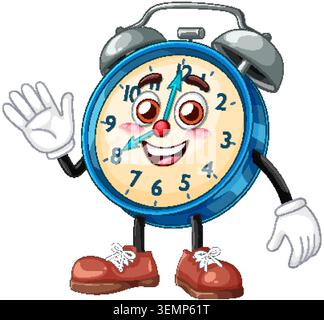 Playful vector illustration of a smiling cartoon alarm clock character with arms and legs. Stock Vector