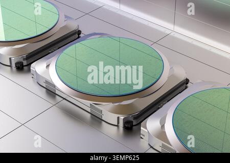 3d rendering silicon wafer plates in a row for semiconductor manufacturing Stock Photo