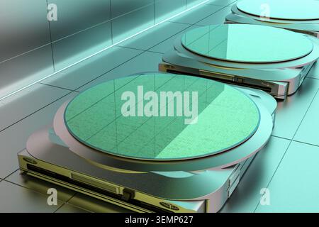 3d rendering silicon wafer plates in a row for semiconductor manufacturing Stock Photo