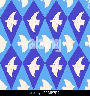 Bird harlequin seamless pattern with cream silhouettes on blue argyle rhombus. Chalk doves form a geometric seamless vector bird pattern for fabric an Stock Vector
