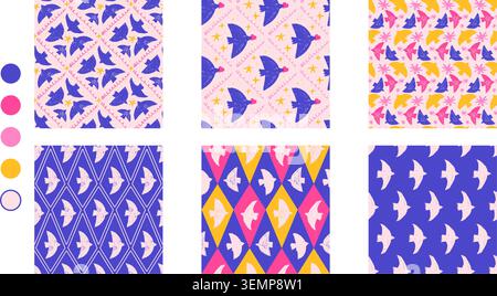 Harlequin bird seamless pattern collection with crayon geometric diamond and argyle motif. Bold bird in harlequin fashion prints set. Preppy retro vec Stock Vector