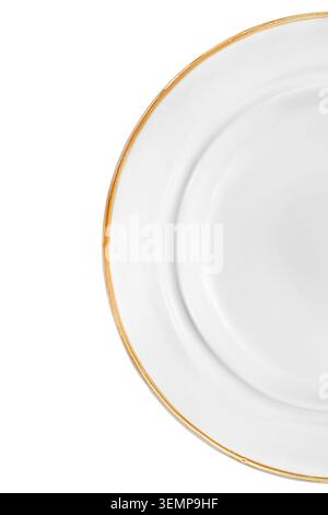 Part of white vintage empty ceramic plate isolated on white background closeup Stock Photo