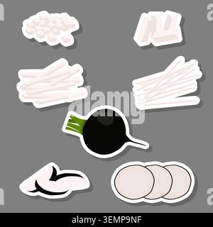 Illustration on theme of set tasty natural eco product vegetable radish, pattern consisting of kit various options meal vegetable radish, abstract com Stock Vector