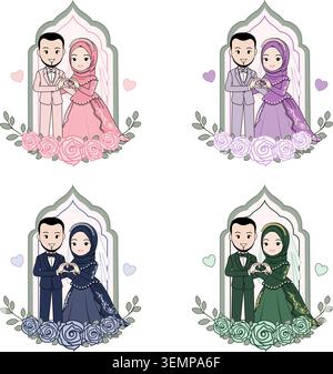 Cute Muslim wedding couple avatar set in flat pastel cartoon style, Islamic bride wearing hijab and groom making heart shape hand gesture, isolated. Stock Vector