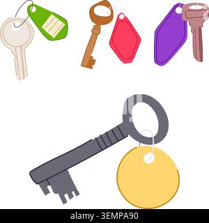Various keys with keychains for home and hospitality Stock Vector