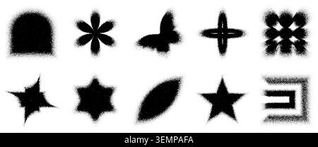 Blurred dotted butterfly with grainy gradient, Textured square, floral logo. Modern starburst and noisy snowflake, patterned sun arch. Y2K mesh Stock Vector