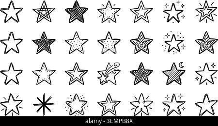 Set of hand drawn vector stars and sparkles, doodle style. Stock Vector