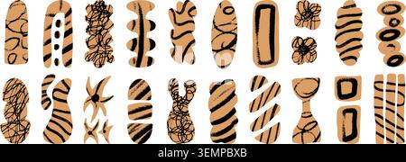 Craft paper stickers with black scribble line for rustic scrapbook. Hand drawn abstract figures and doodle texture on warm beige cutout. Vector geomet Stock Vector