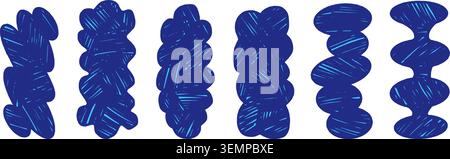Fluffy cloud shapes with wax crayon scallop texture for cute label and badge. Hand drawn element and figure doodle in soft puffy form. Blue vector clo Stock Vector